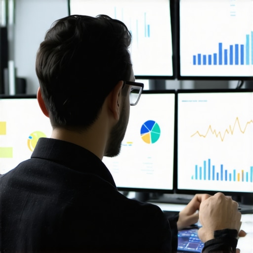 A marketer analyzing engagement metrics on multiple screens with charts and graphs.