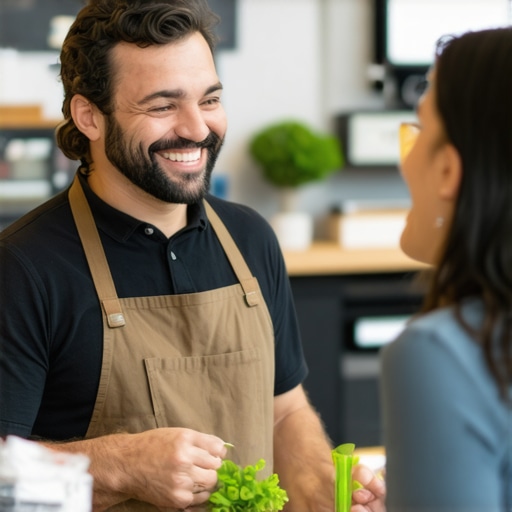 Local business owner interacting with customers in a friendly setting