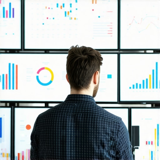 Business owner reviewing GMB engagement analytics on computer screens.