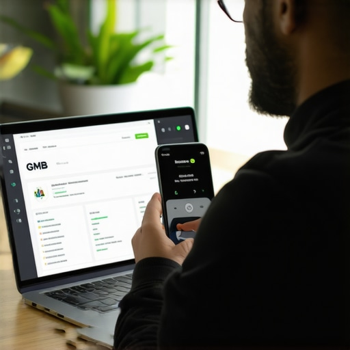 Business owner responding to reviews and managing GMB profile on digital devices.