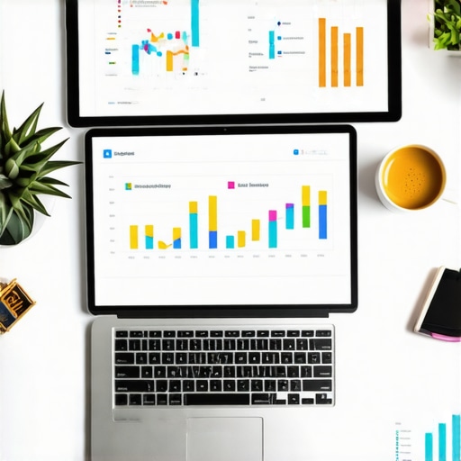 Workspace with laptop displaying GMB analytics dashboard.