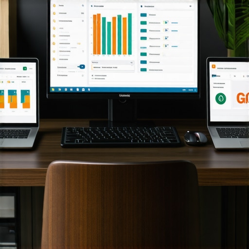 A workspace with laptops and dashboards showing GMB engagement analytics.