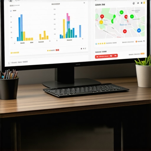 A detailed digital dashboard displaying local SEO metrics, engagement signals, and maps, illustrating analytical tools for GMB management
