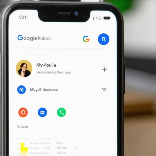 Smartphone showing GMB profile with interaction icons