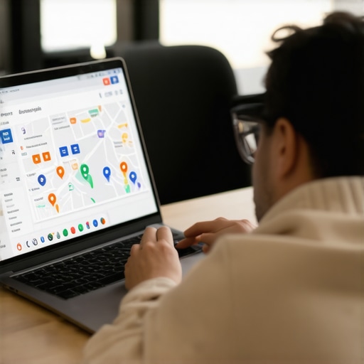 Business owner reviewing engagement metrics on a laptop showing maps and graphs.