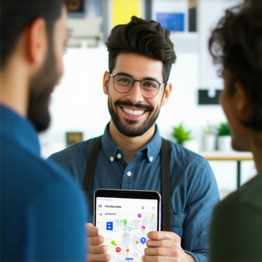 Business owner engaging with happy customers at a local store, demonstrating genuine interactions