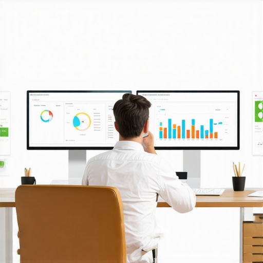 A person reviewing local SEO engagement metrics on computer screens with GMB analytics dashboards.