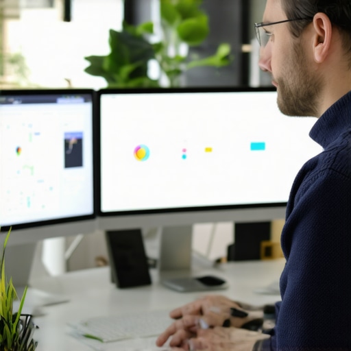 A professional managing local SEO tools on multiple screens in an office environment