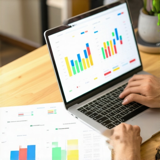 Digital marketer reviewing data on a laptop screen filled with charts and engagement metrics