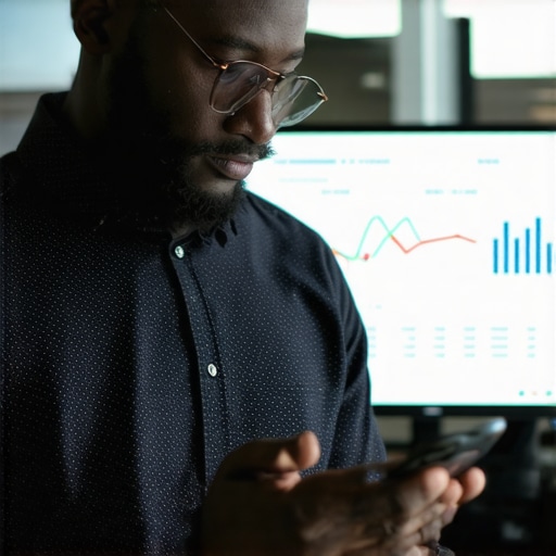 Business owner responding quickly to customer inquiries on mobile device with analytics overlay.