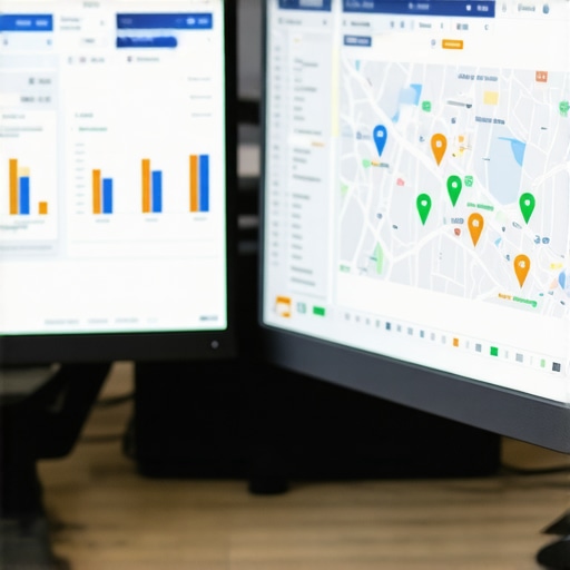 A modern workspace displaying SEO analytics dashboards, local maps, and scheduling tools on a computer.